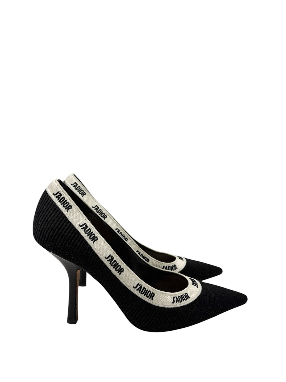 Dior J’Adior Logo Ribbon Black Canvas Slip On Pointed Toe Pumps Size 38